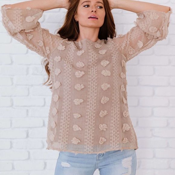 ✨New! 💕 AMOLI Sweetheart Swiss Dot Blouse Taupe NWT - Picture 1 of 7
